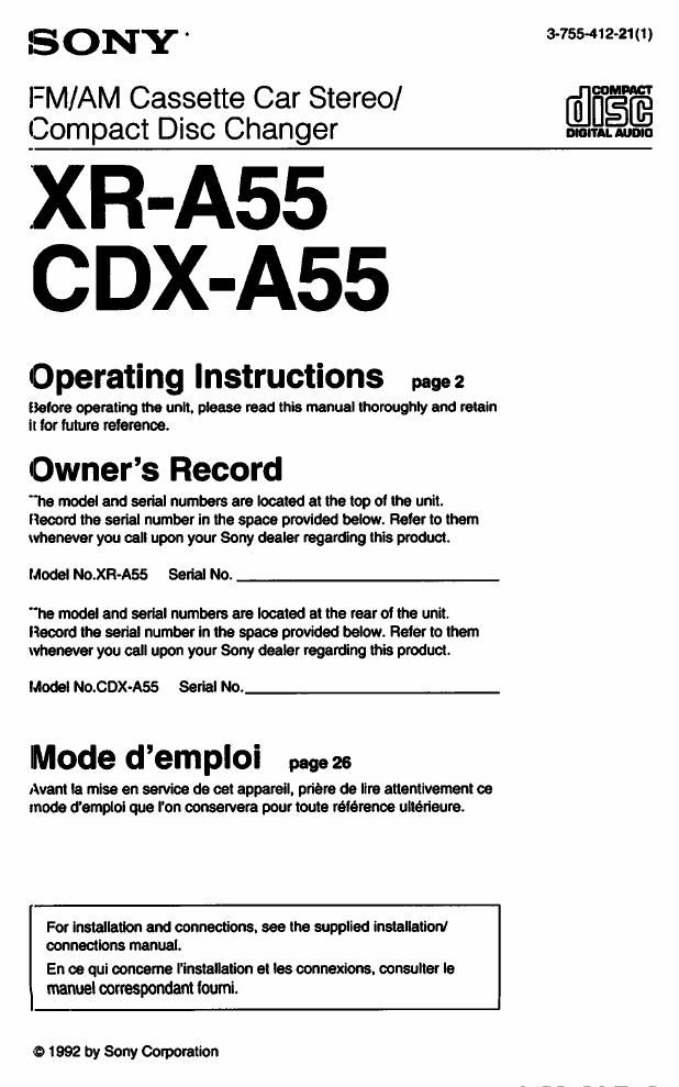 sony cdx a 55 owners manual