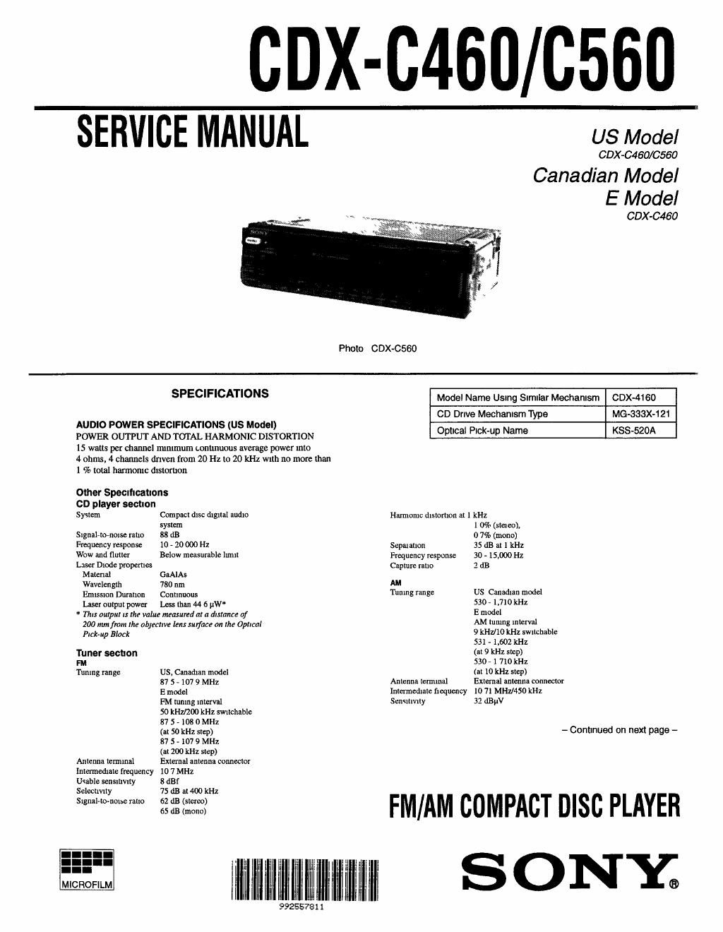 sony cdx c 460 service manual