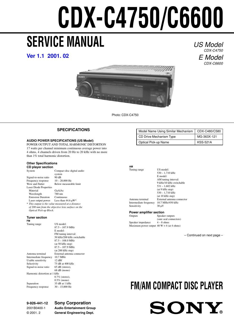 sony cdx c 4750 service manual