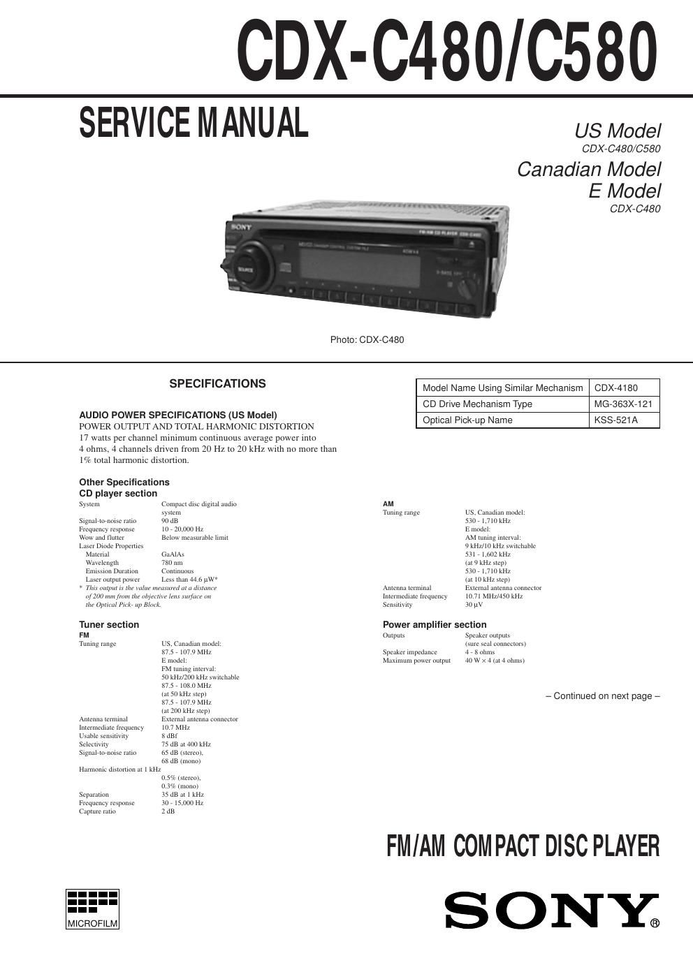 sony cdx c 480 service manual