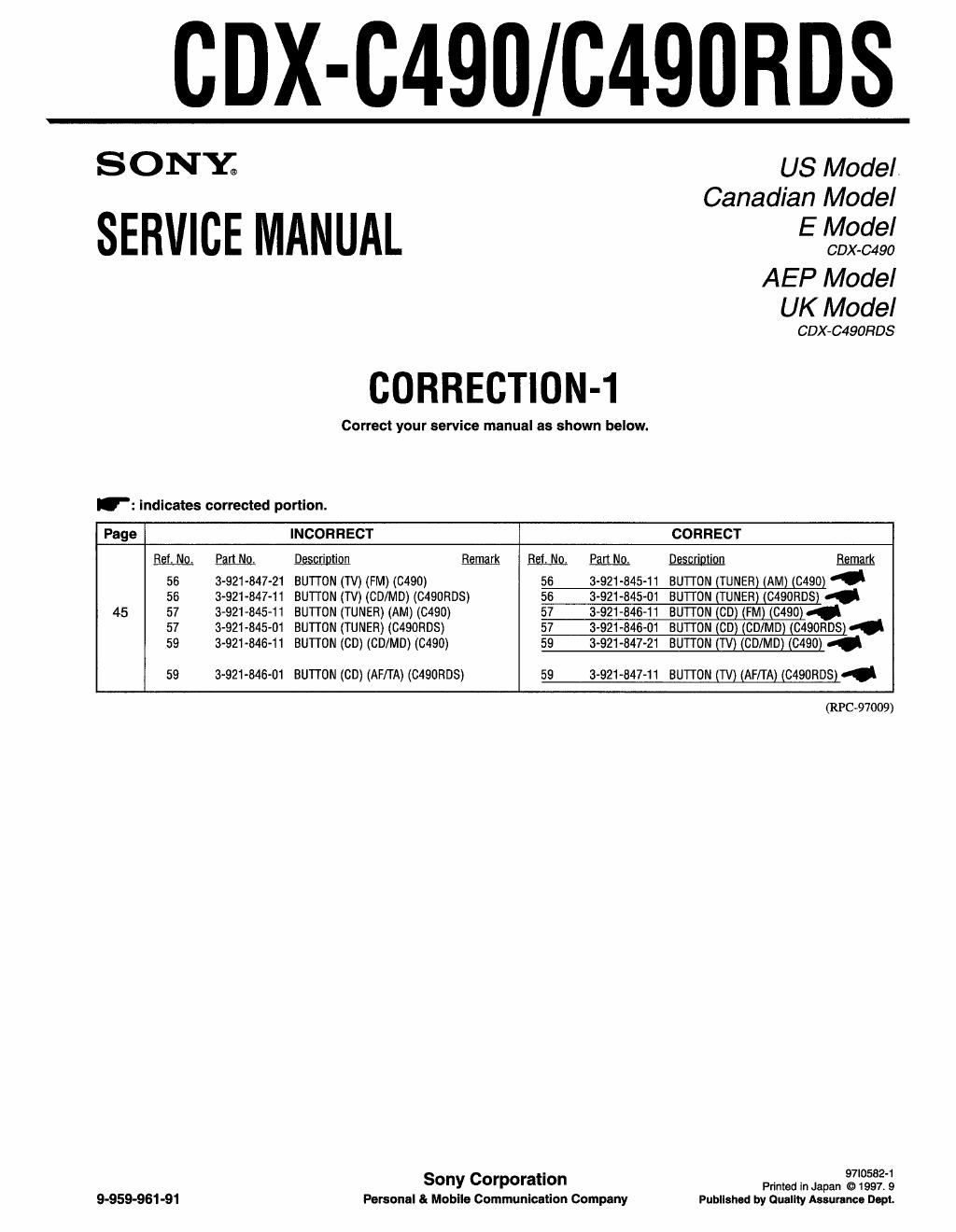 sony cdx c 490 service manual