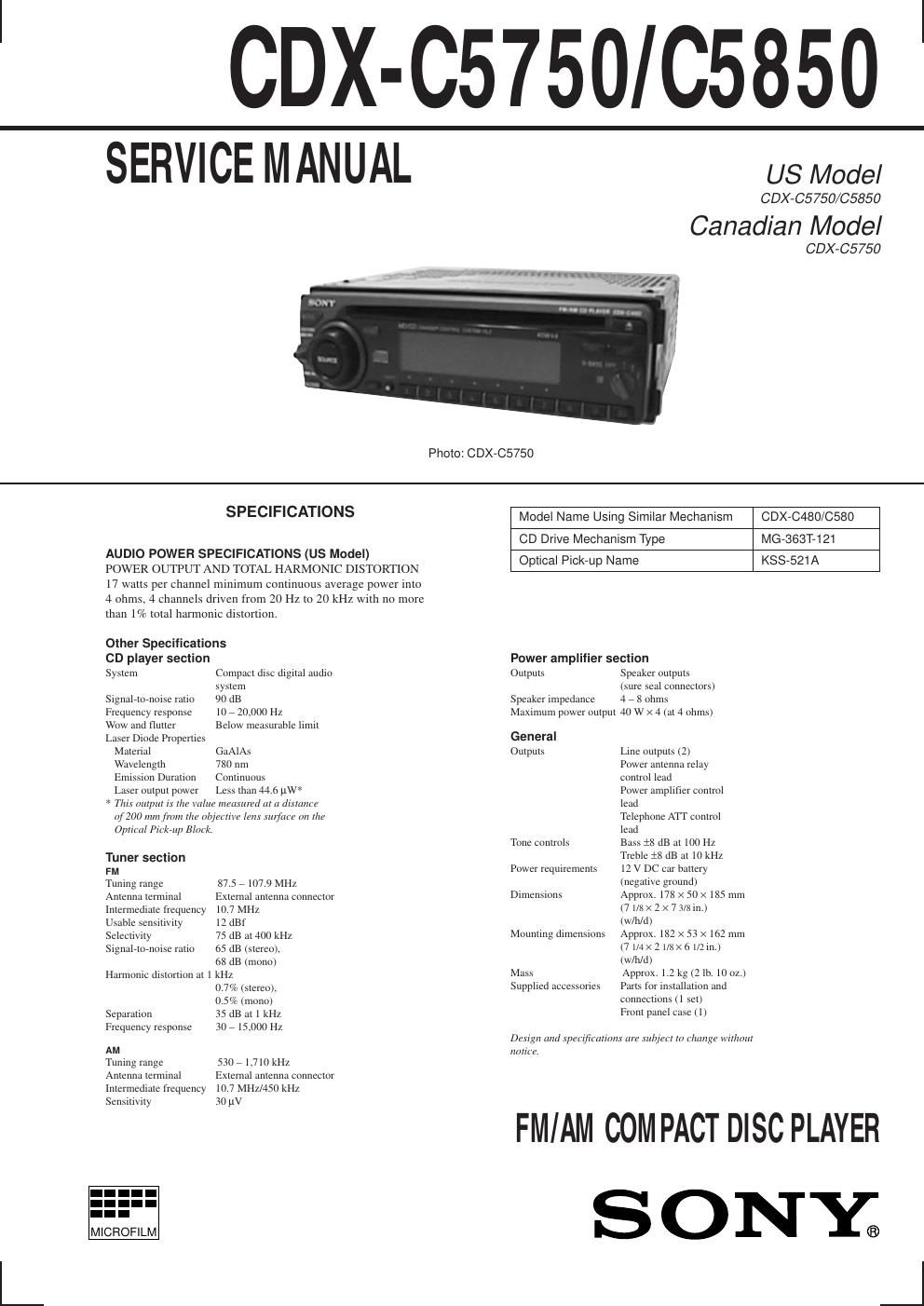 sony cdx c 5850 service manual