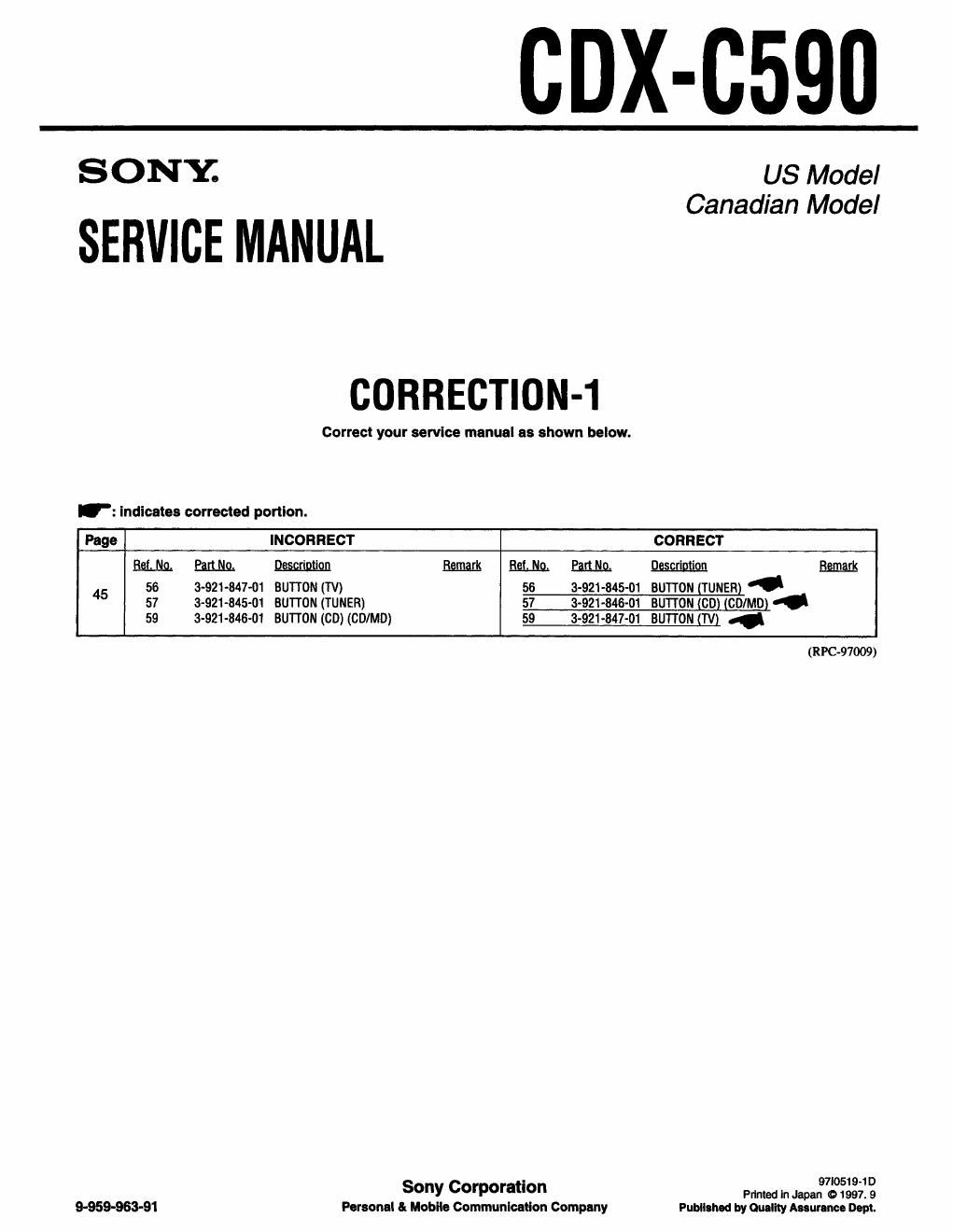 sony cdx c 590 service manual