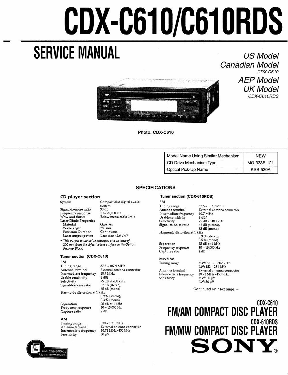 sony cdx c 610 rds service manual