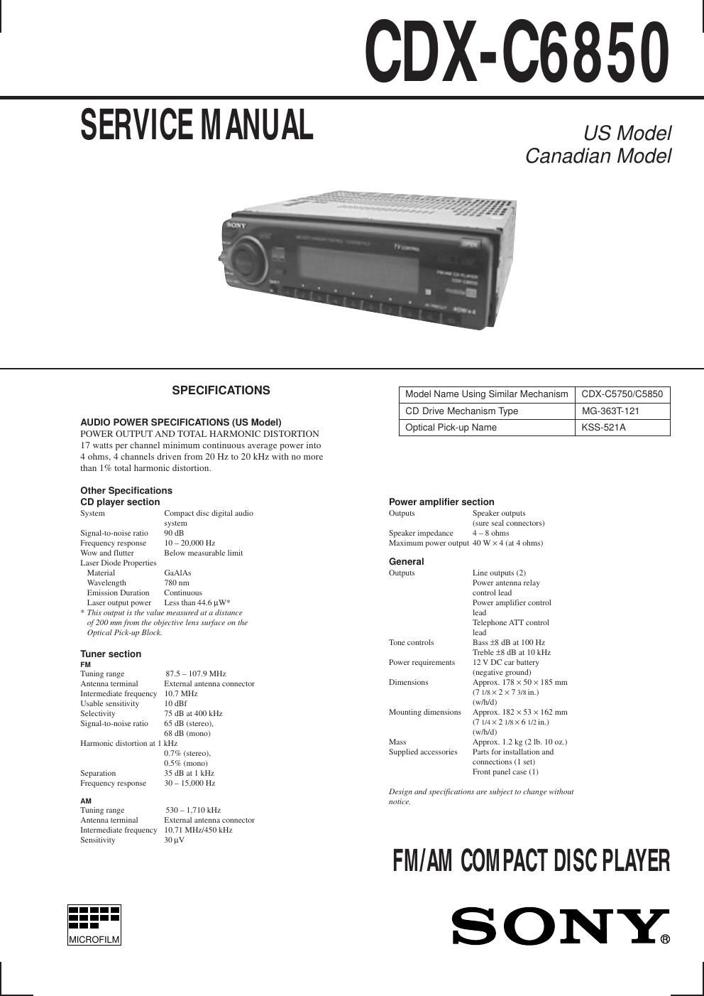 sony cdx c 6850 service manual