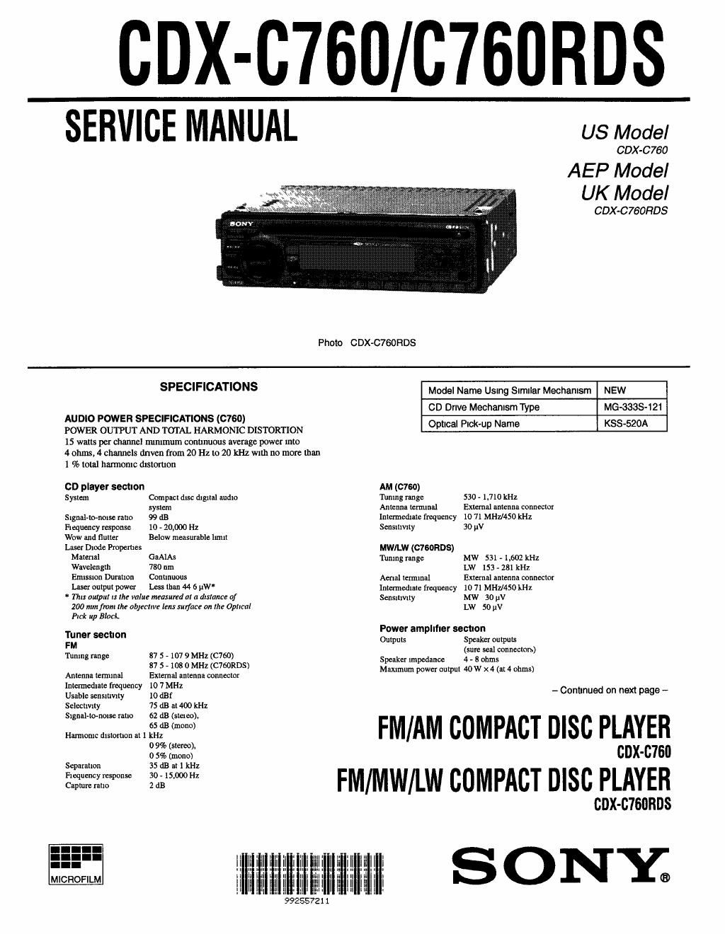 sony cdx c 760 rds service manual
