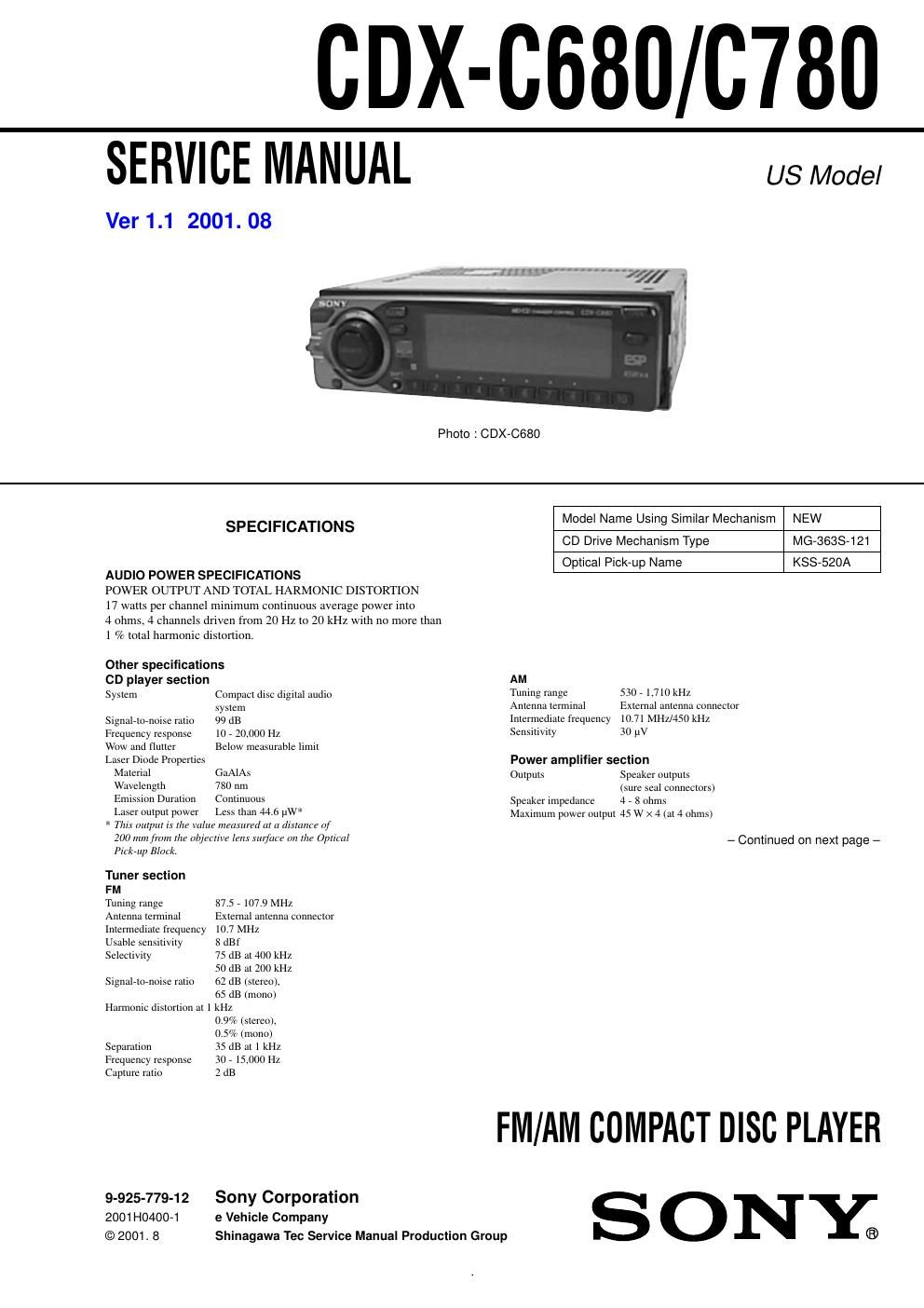 sony cdx c 780 service manual