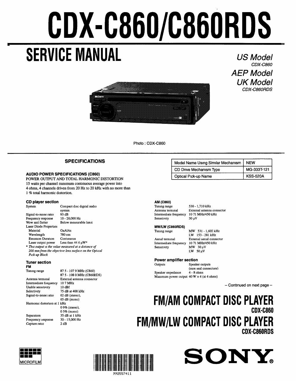 sony cdx c 860 rds service manual