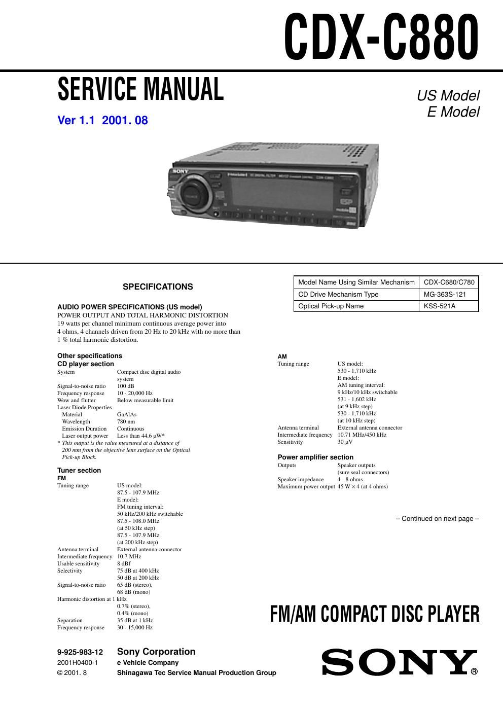 sony cdx c 880 service manual