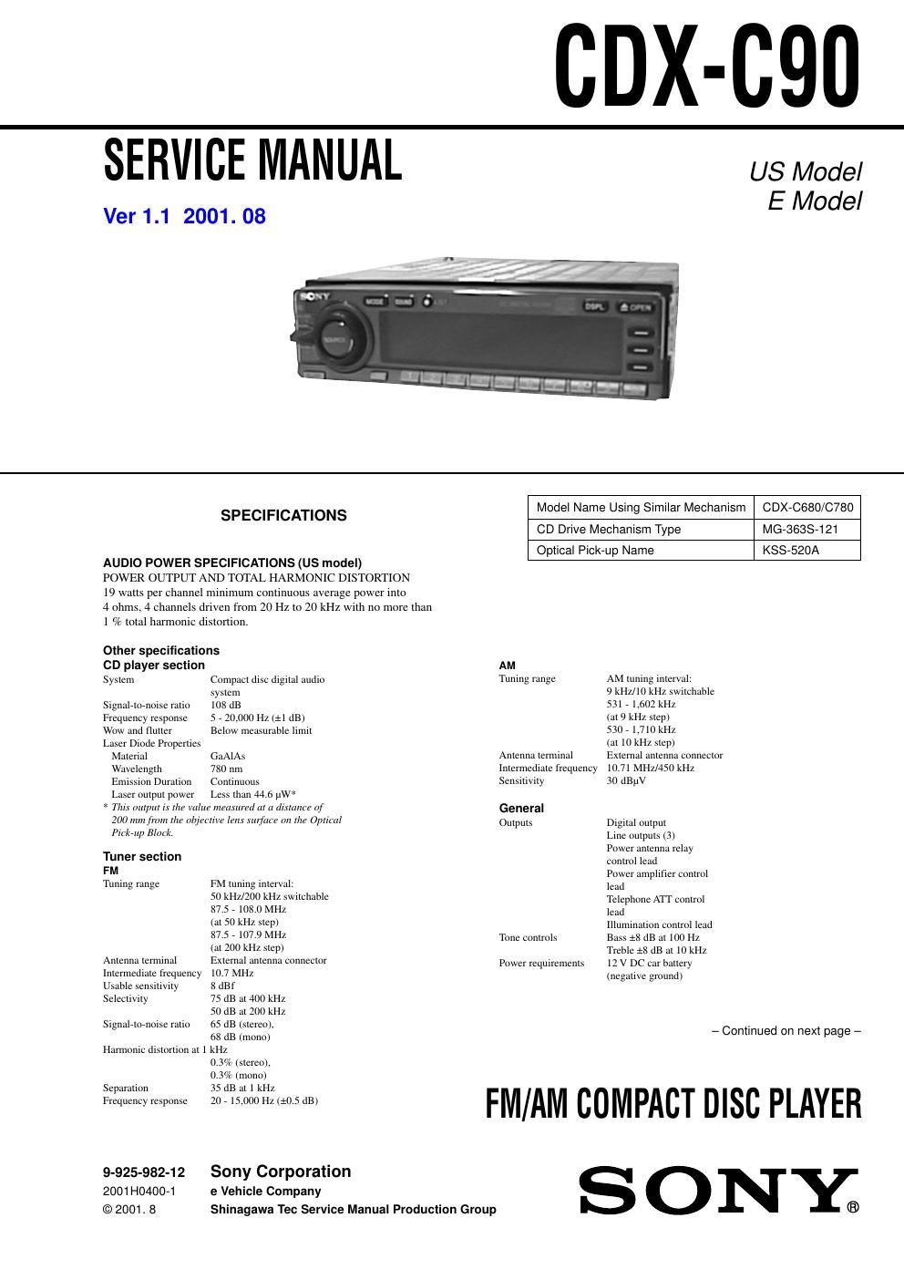 sony cdx c 90 service manual