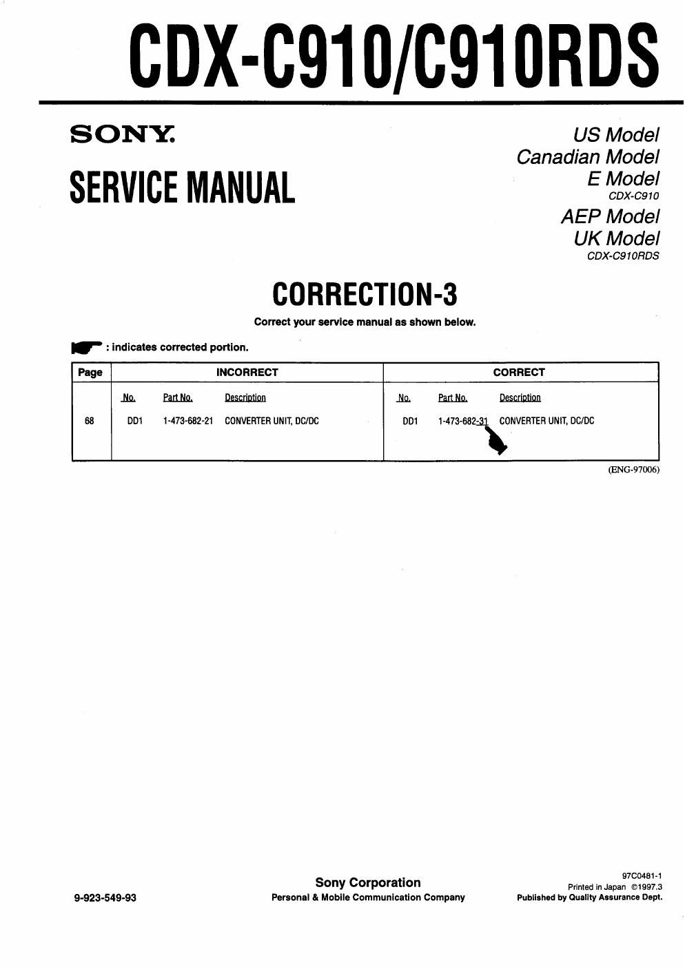 sony cdx c 910 rds service manual