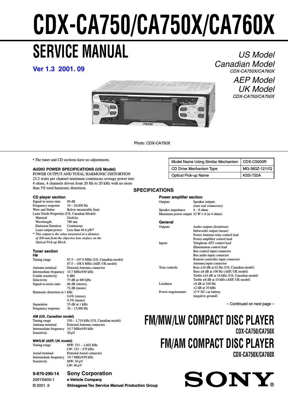 sony cdx ca 750 service manual