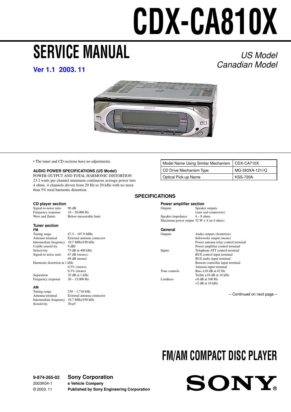sony cdx ca 810 x service manual