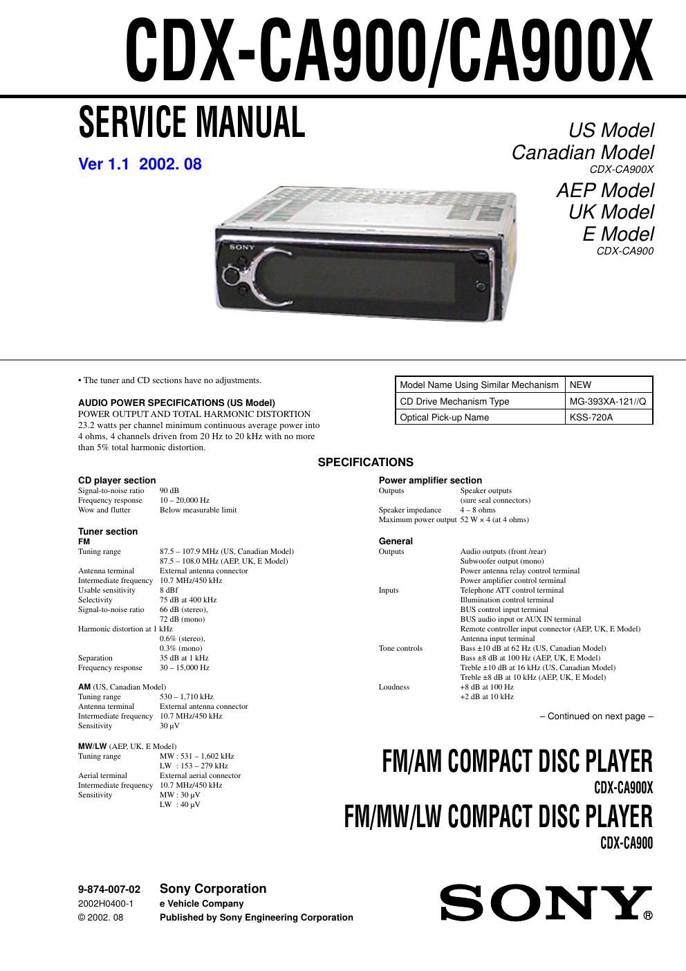 sony cdx ca 900 service manual