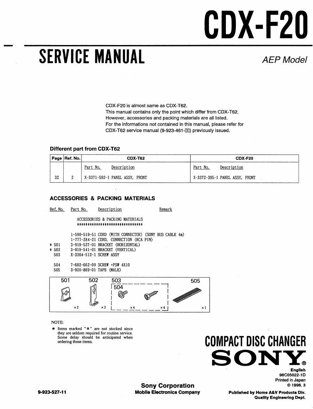 sony cdx f 20 service manual