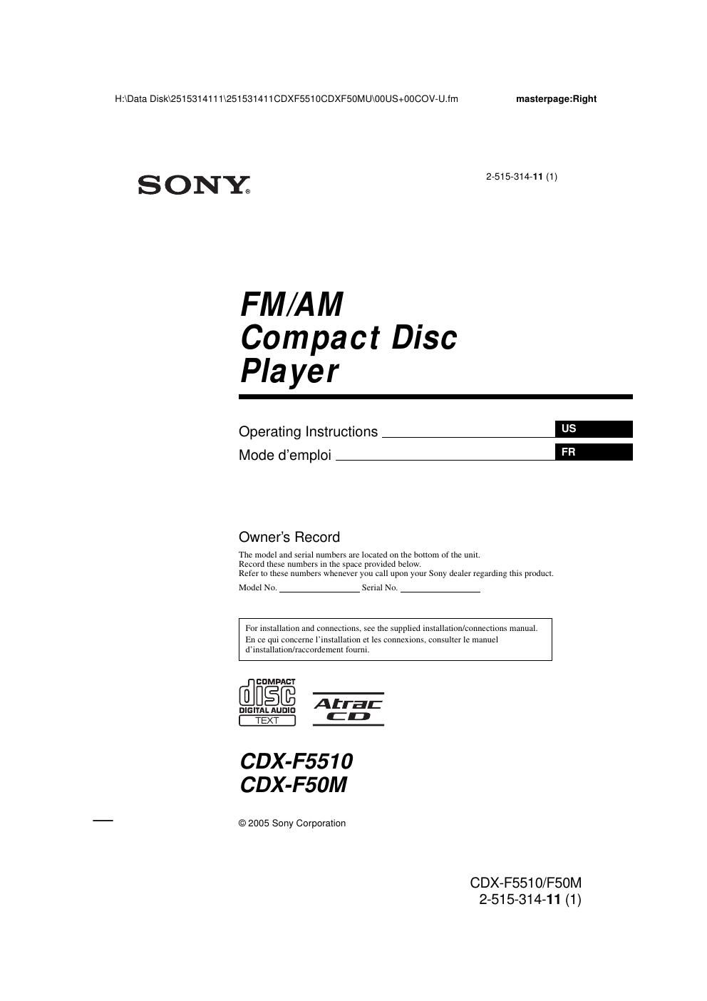 sony cdx f 50 m owners manual