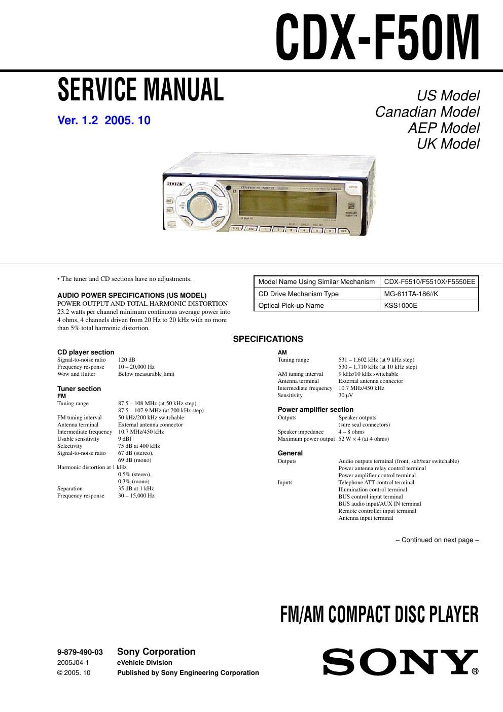 sony cdx f 50 m service manual