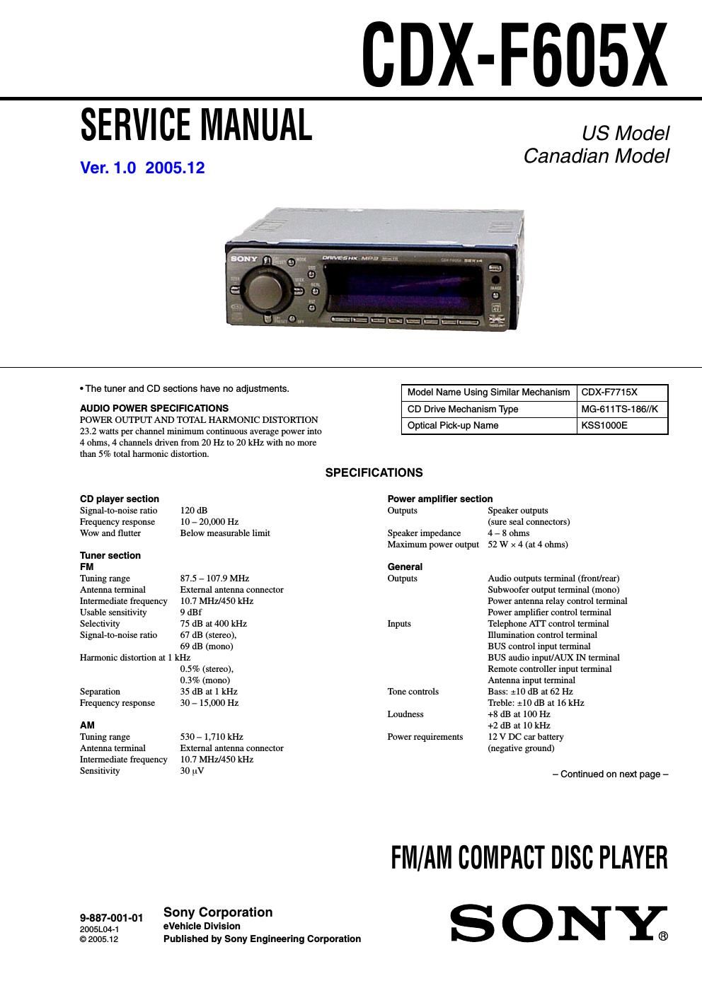 sony cdx f 605 x service manual