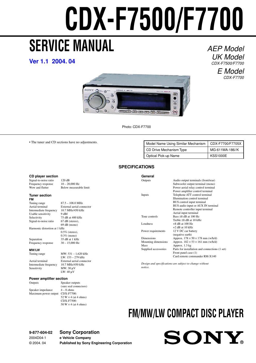 sony cdx f 7700 service manual