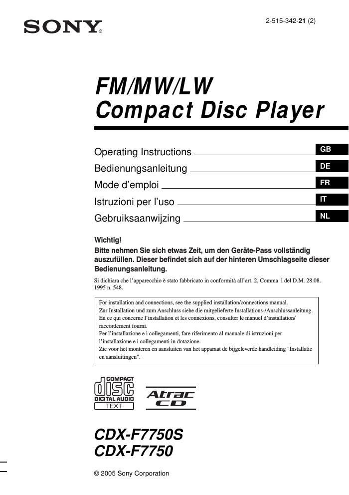 sony cdx f 7750 owners manual