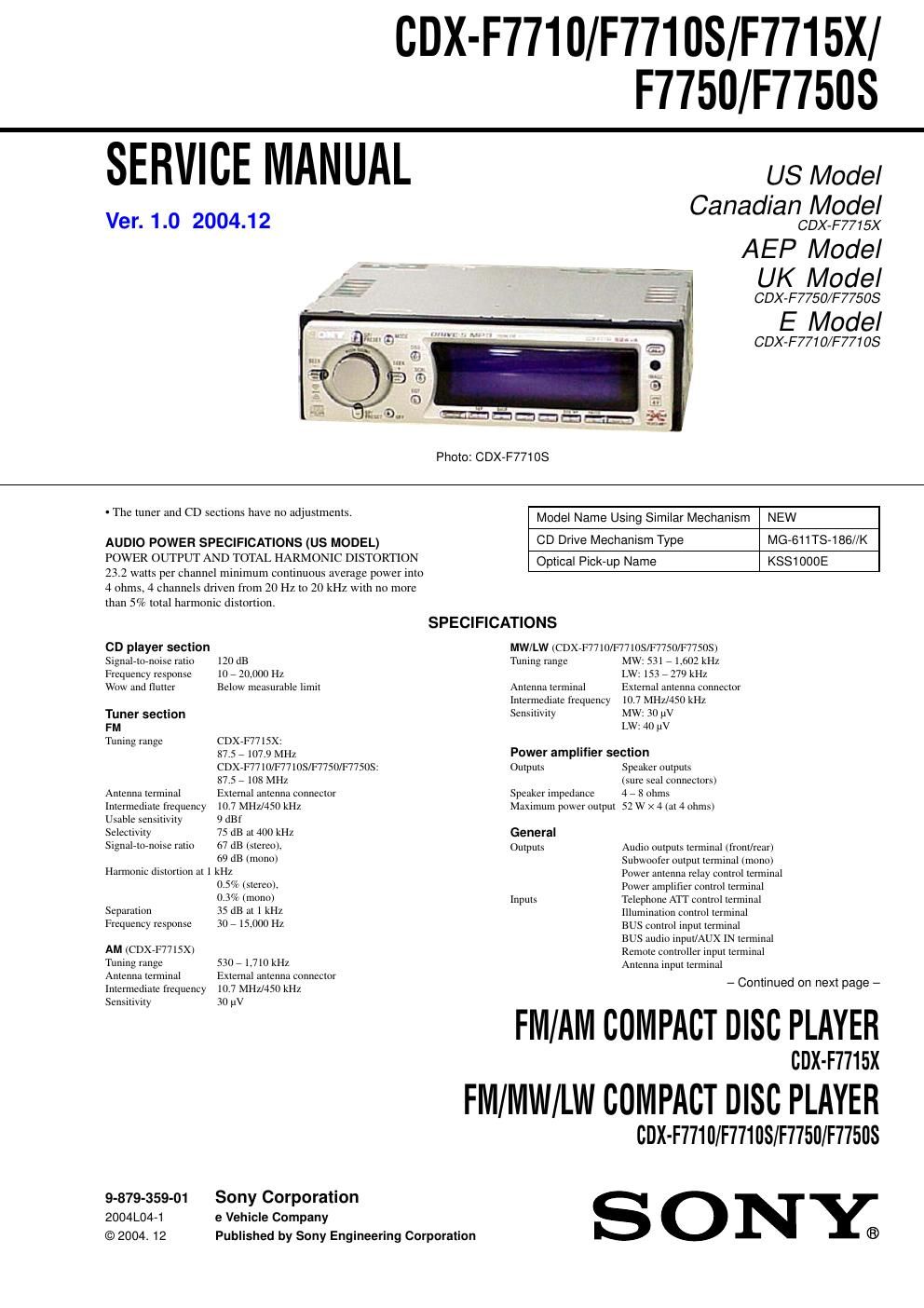 sony cdx f 7750 s service manual