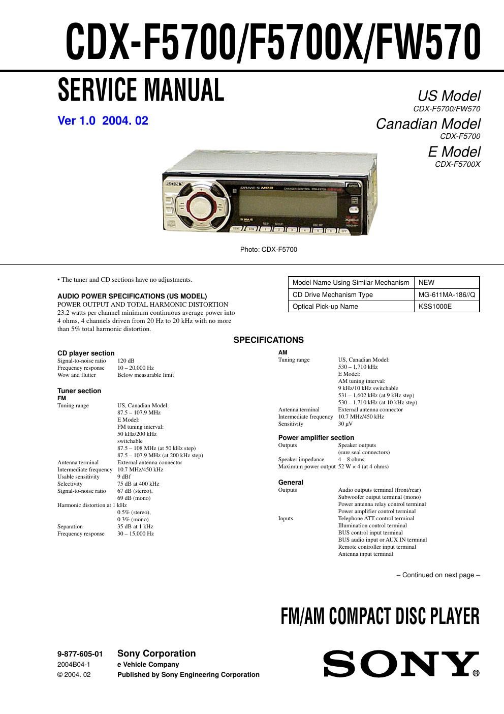 sony cdx fw 570 service manual