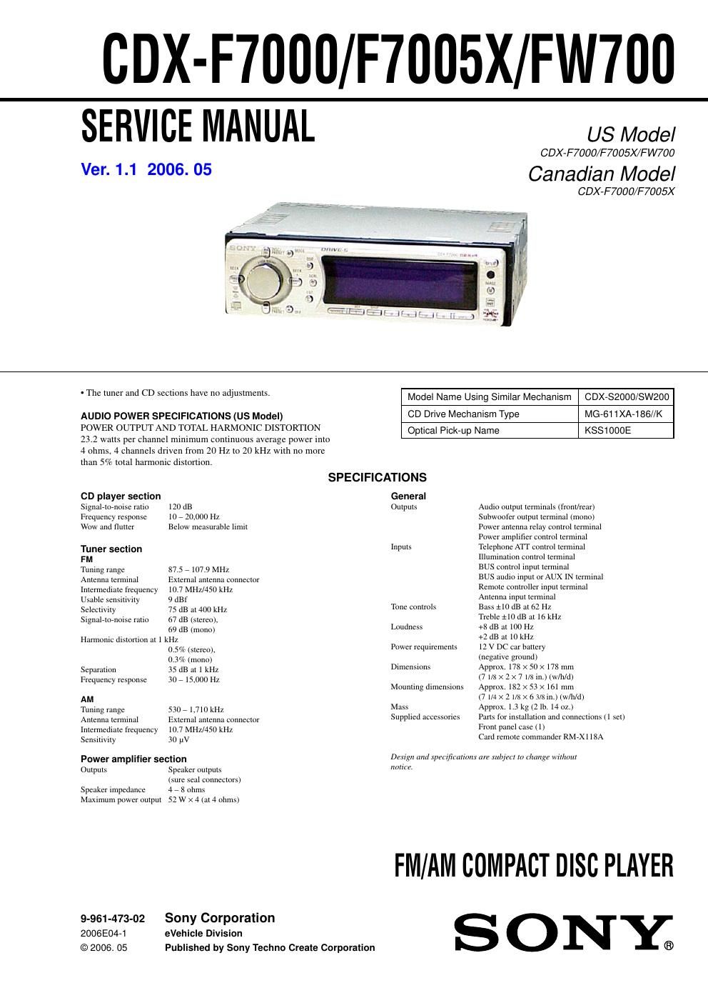 sony cdx fw 700 service manual