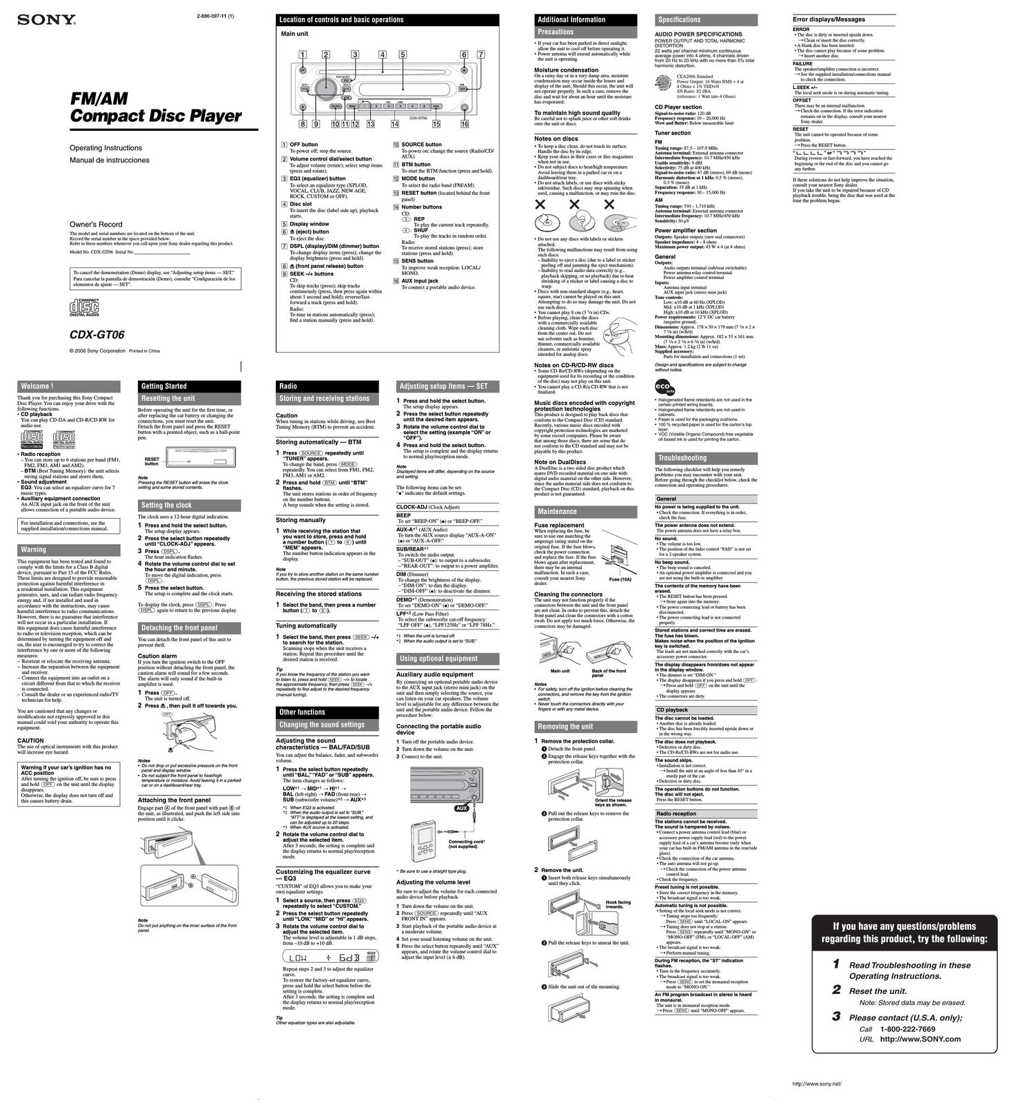 sony cdx gt 06 owners manual