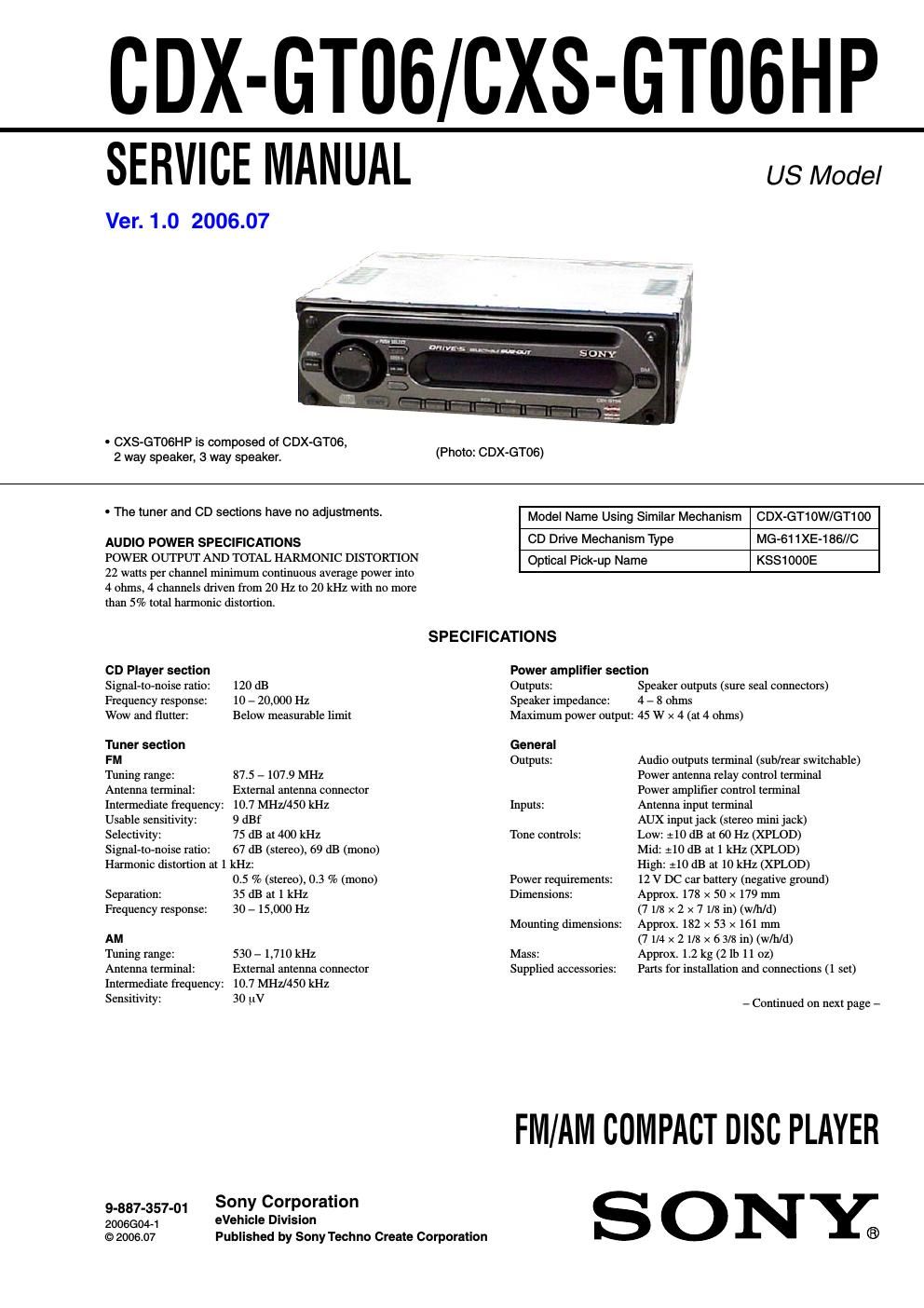 sony cdx gt 06 service manual