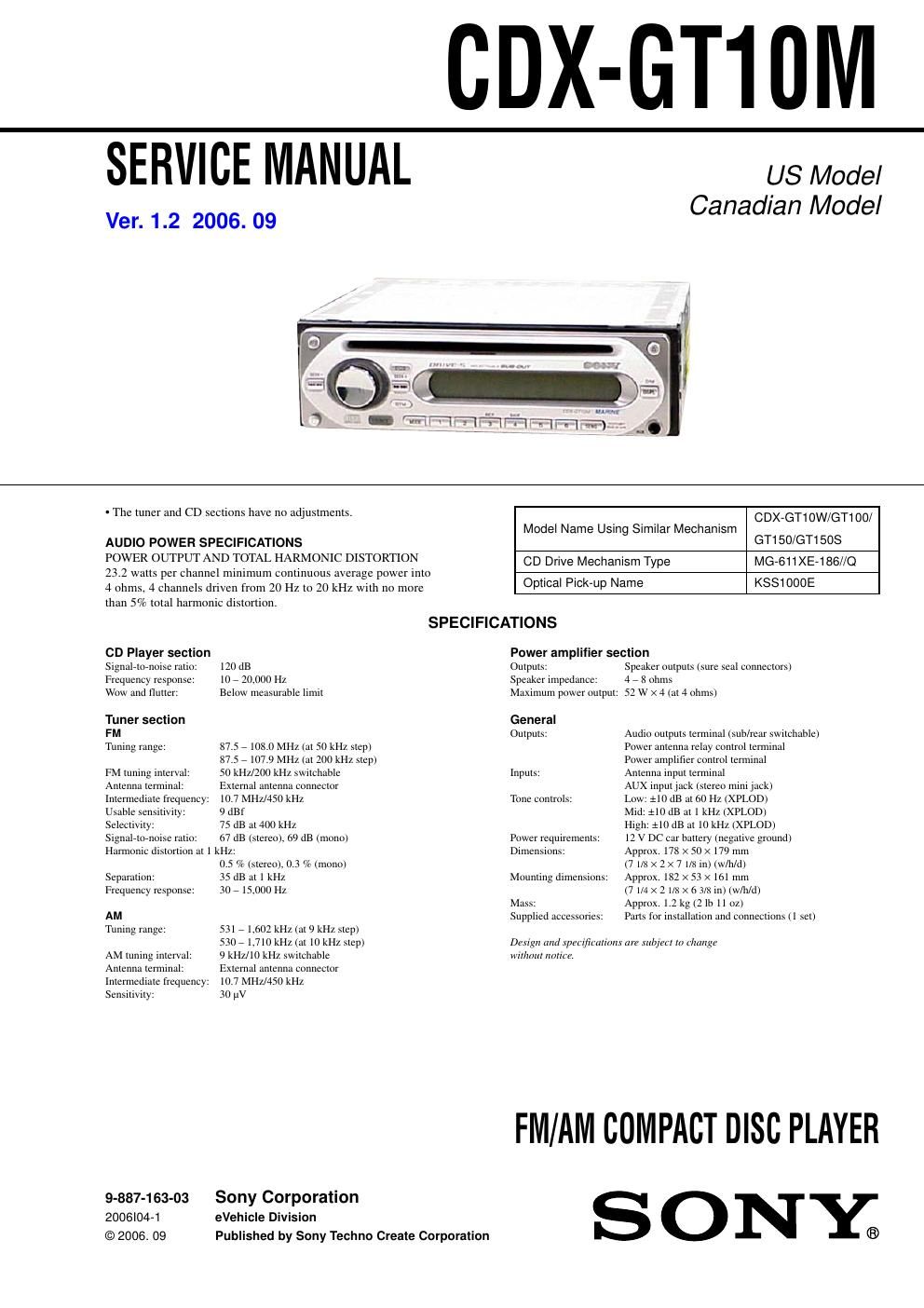 sony cdx gt 10 m service manual