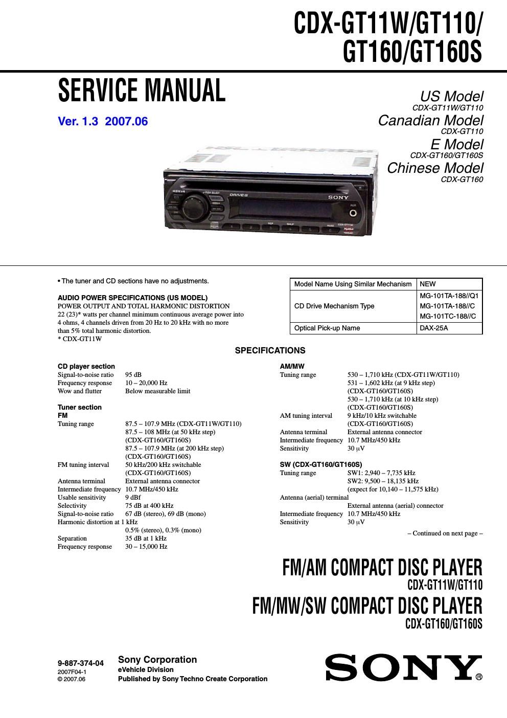 sony cdx gt 160 service manual