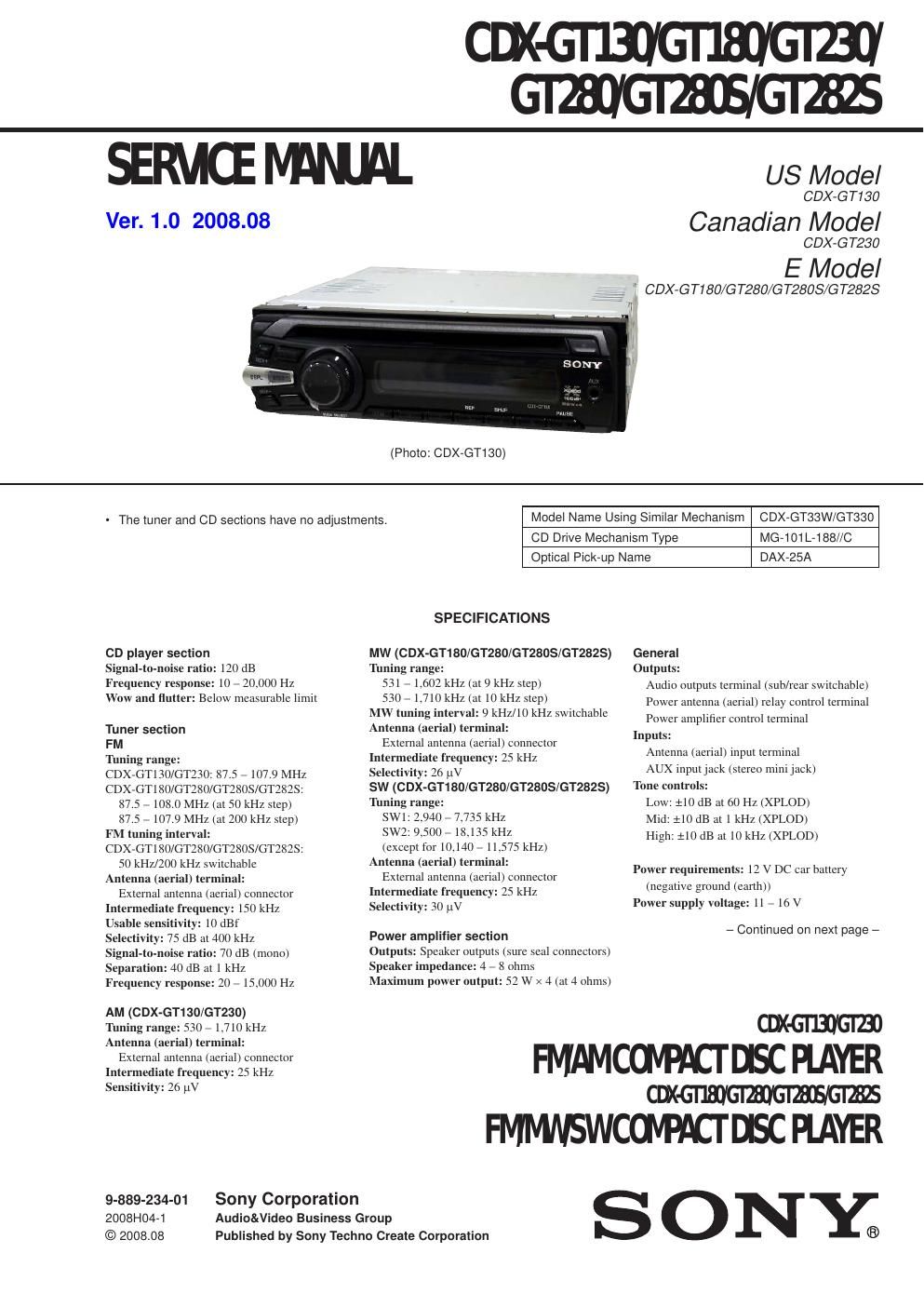 sony cdx gt 180 service manual