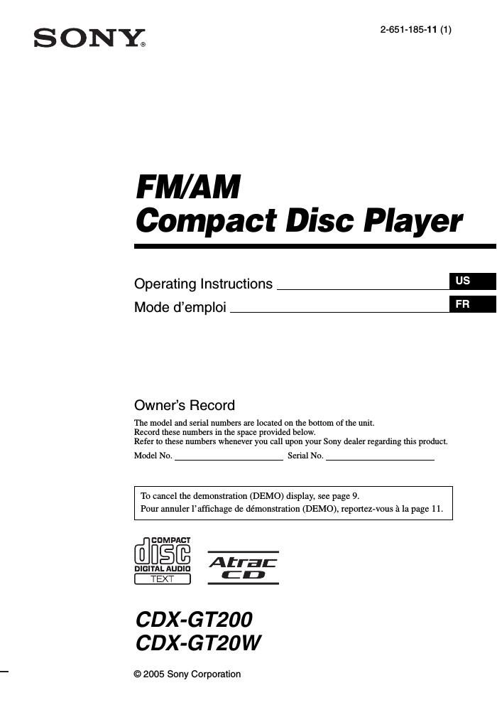 sony cdx gt 20 w owners manual