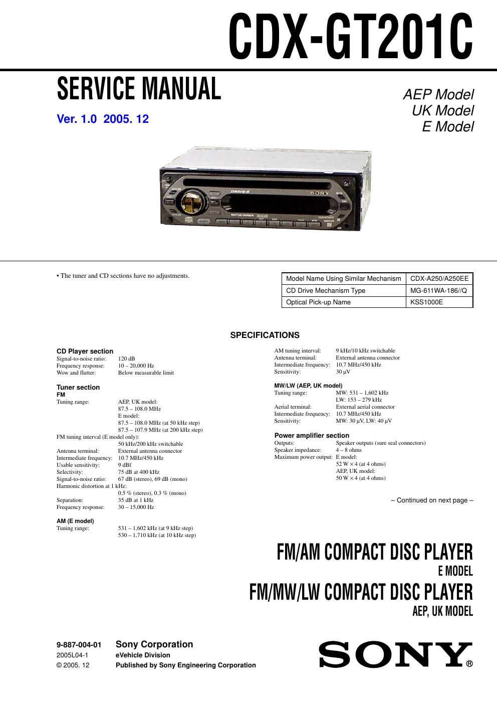 sony cdx gt 201 c service manual