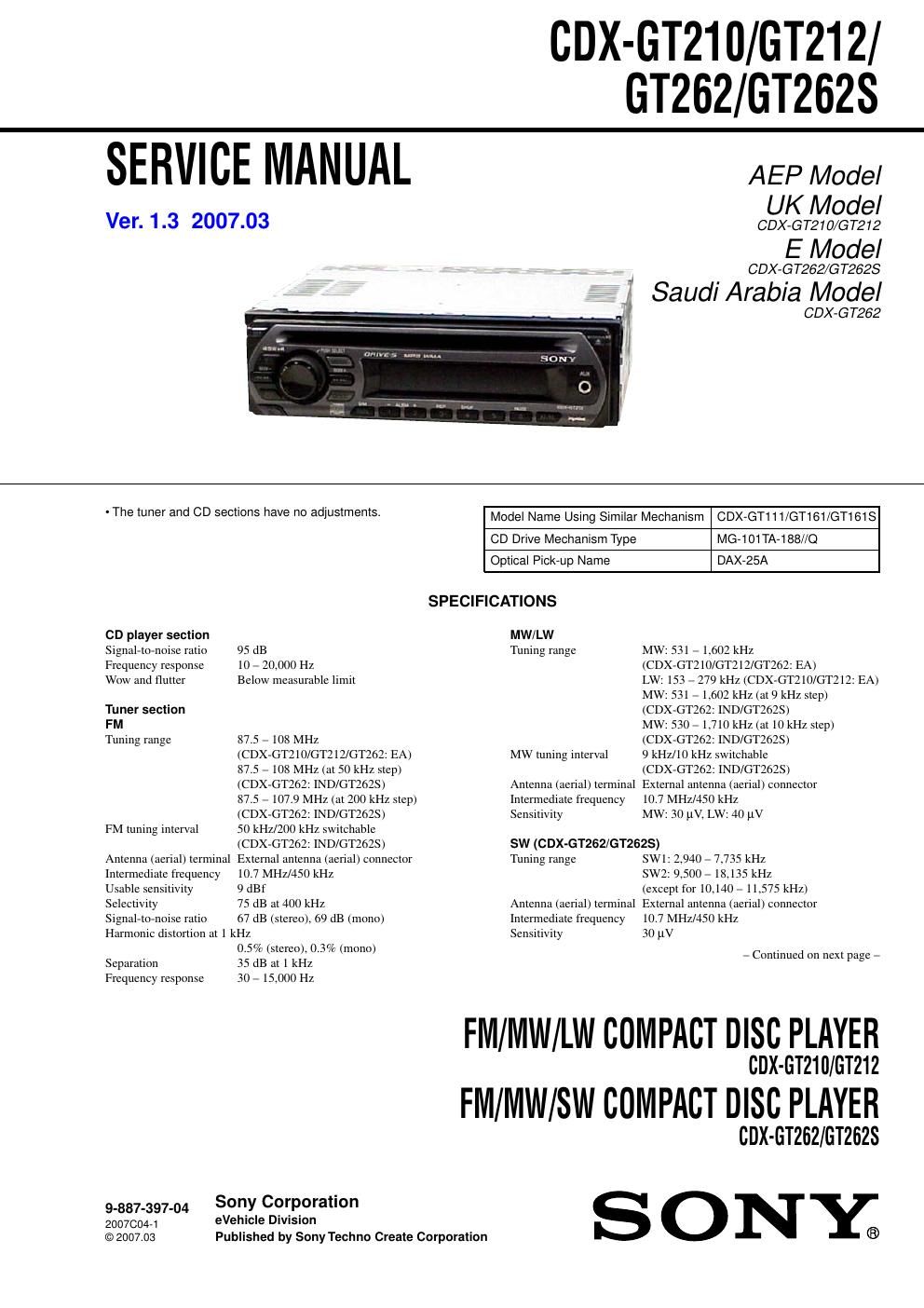 sony cdx gt 262 service manual