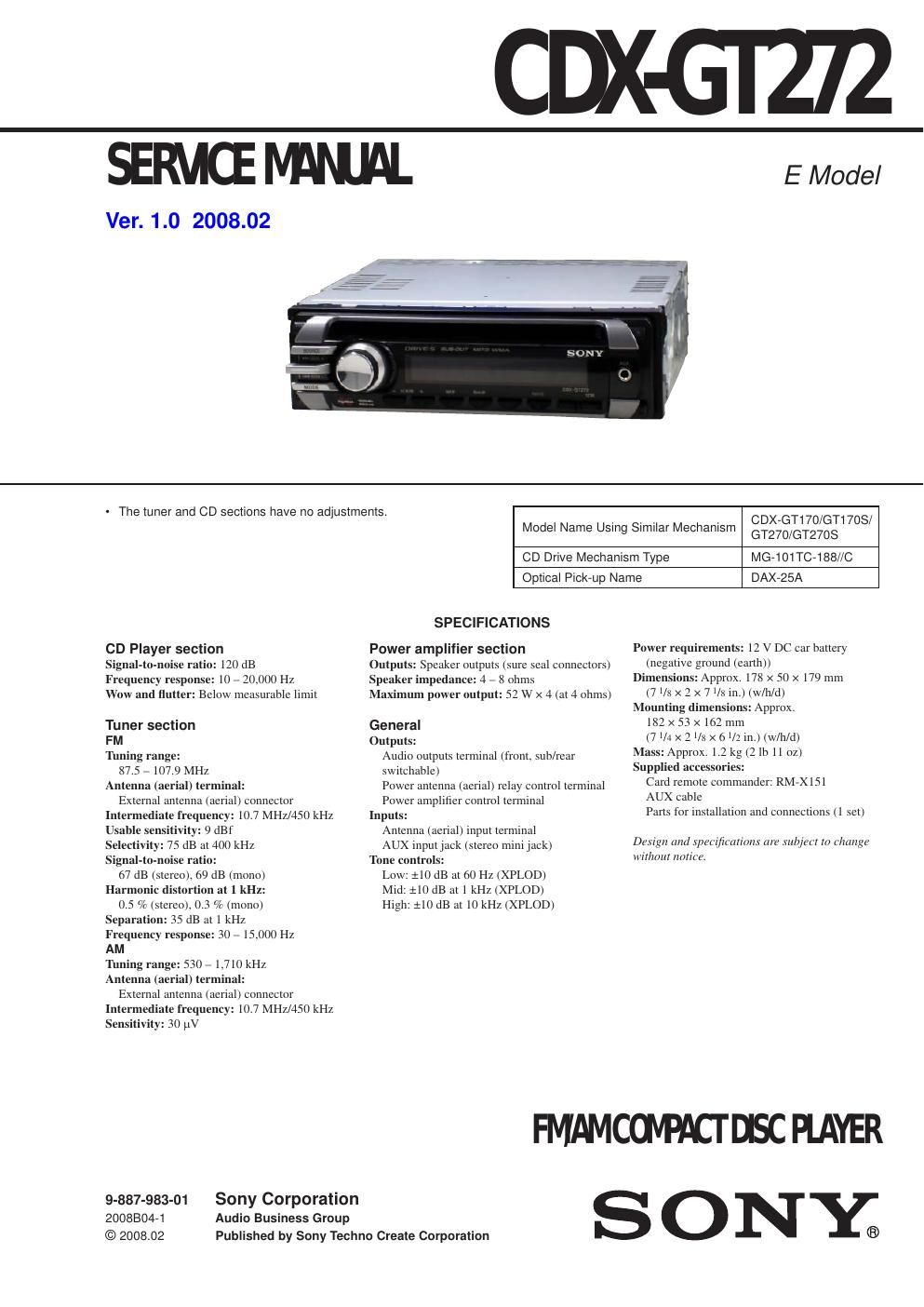 sony cdx gt 272 service manual