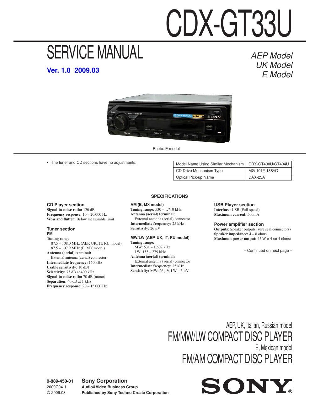 sony cdx gt 33 u service manual