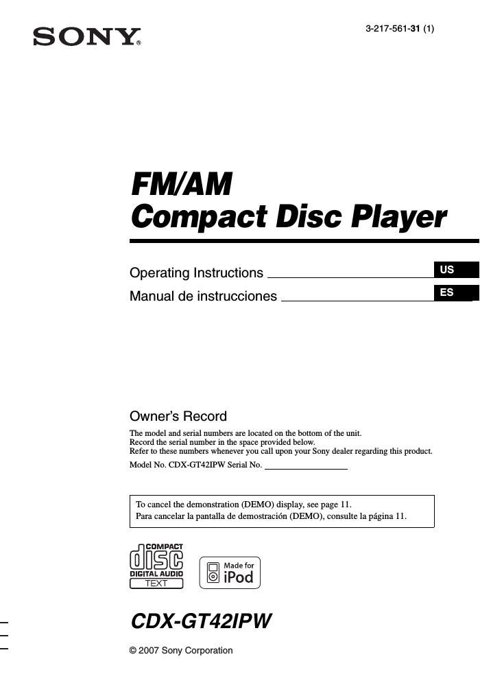 sony cdx gt 42 ipw owners manual