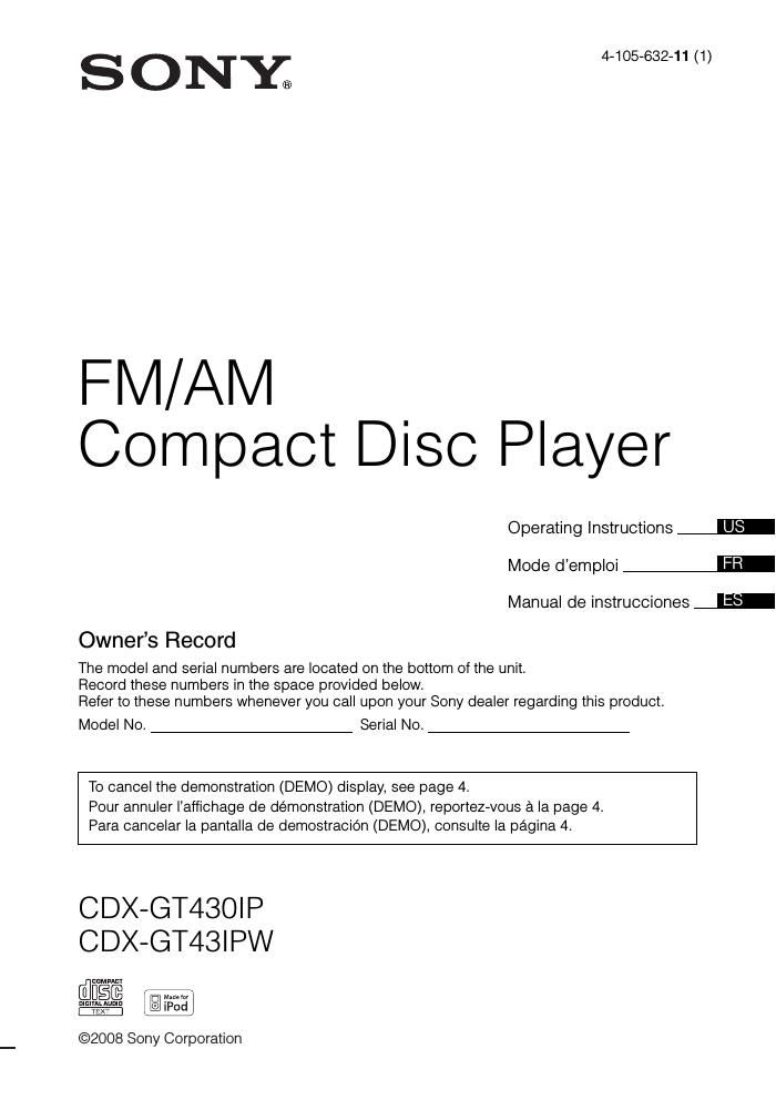 sony cdx gt 43 ipw owners manual