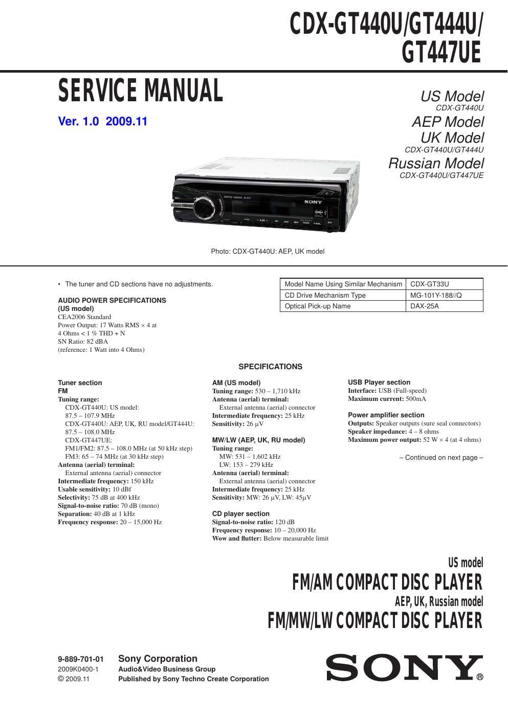 sony cdx gt 440u gt444u gt447ue service manual