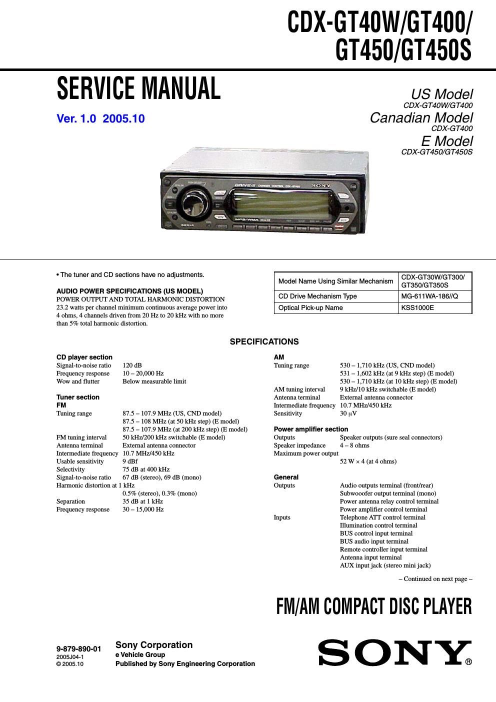 sony cdx gt 450 s service manual
