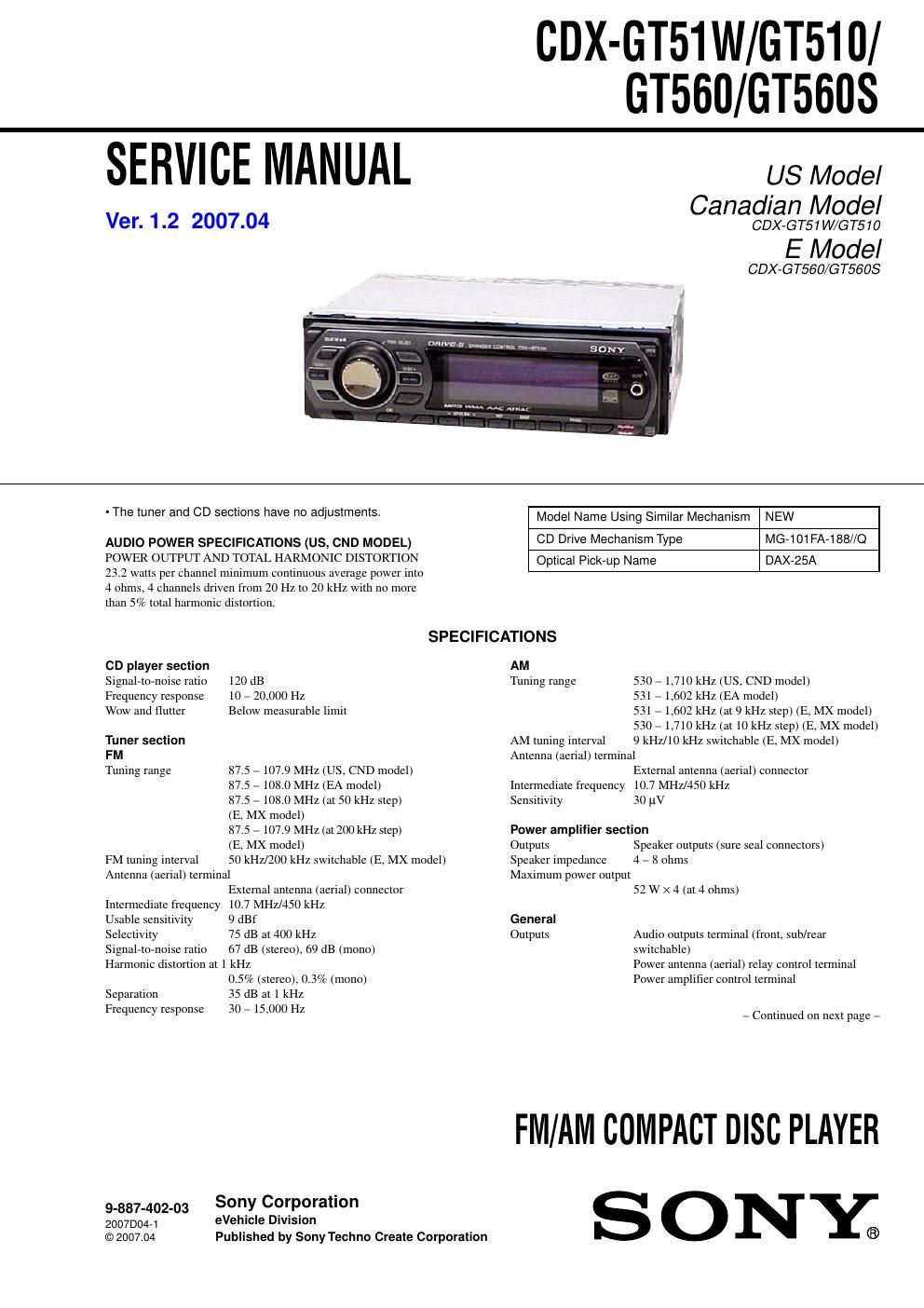 sony cdx gt 51 w service manual