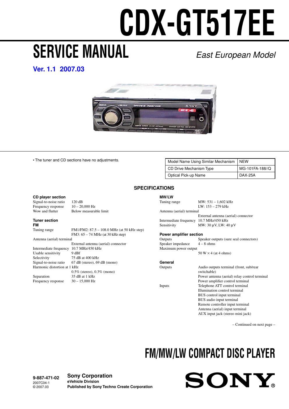 sony cdx gt 517 ee service manual