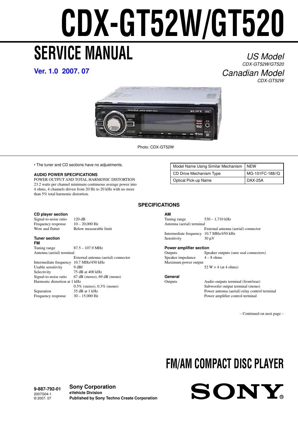 sony cdx gt 52 w service manual