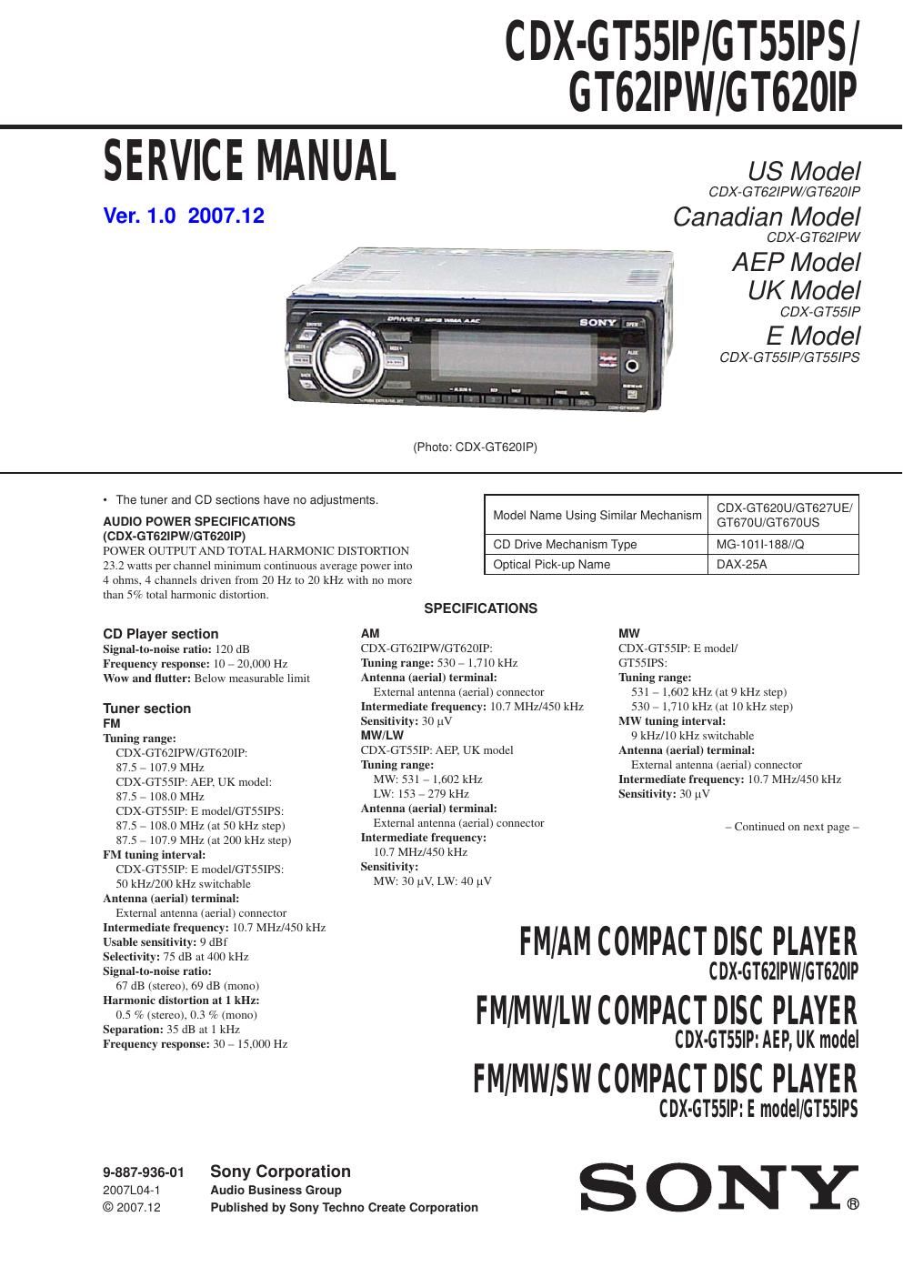 sony cdx gt 55 ip service manual