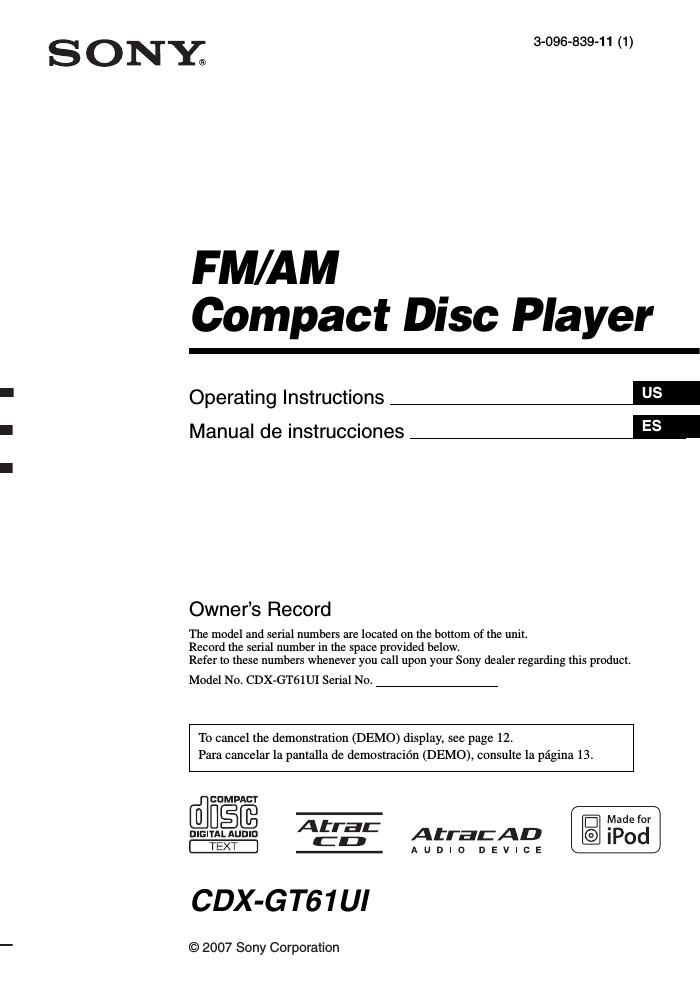 sony cdx gt 61 ui owners manual