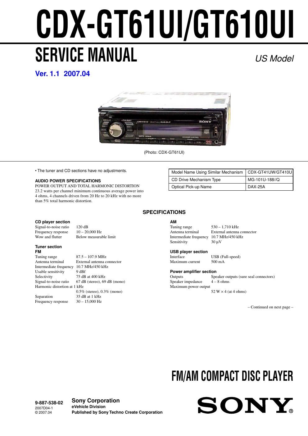 sony cdx gt 61 ui service manual