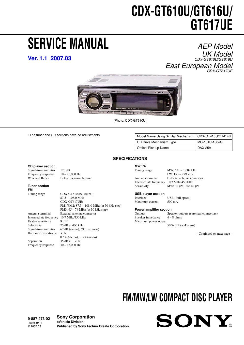 sony cdx gt 610 u service manual