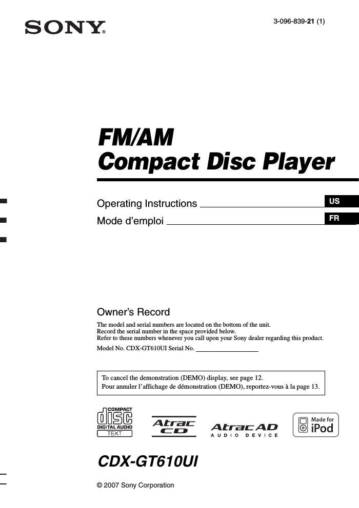 sony cdx gt 610 ui owners manual