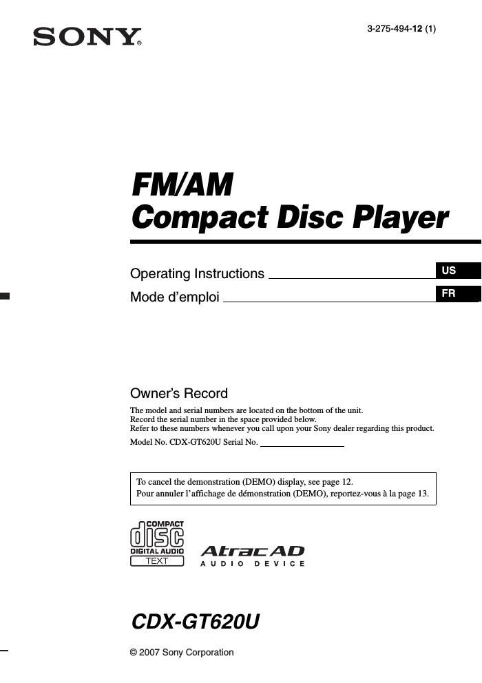 sony cdx gt 620 u owners manual